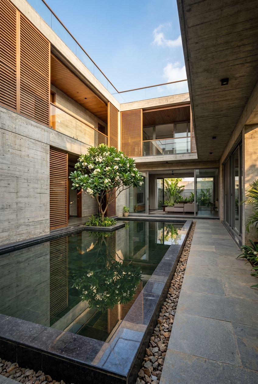 Raw architectural concrete finish in Telangana courtyard home
